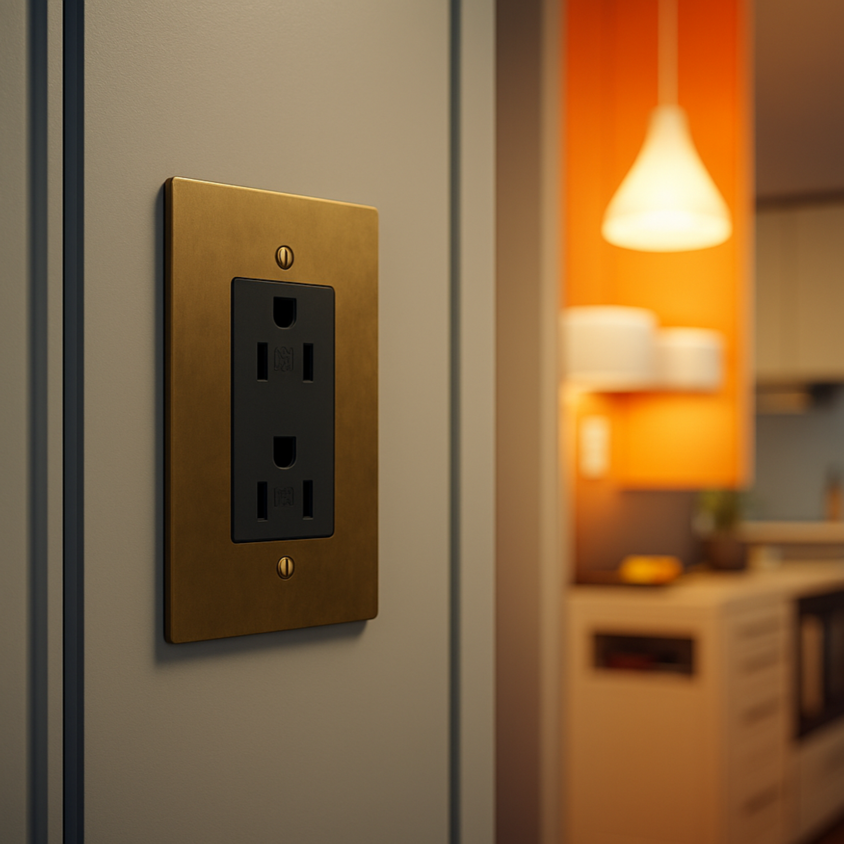 Verge brass electrical outlet by Love Hohm on a wall with a blurred kitchen background