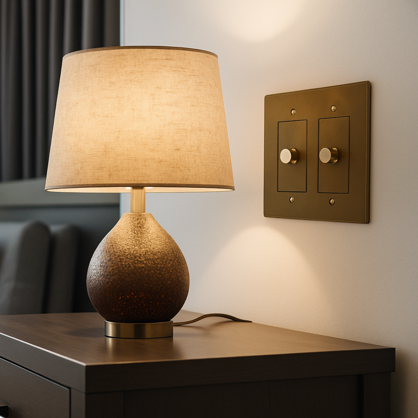 Verge Rotary Dimmer behind a nightstand with a neutral background