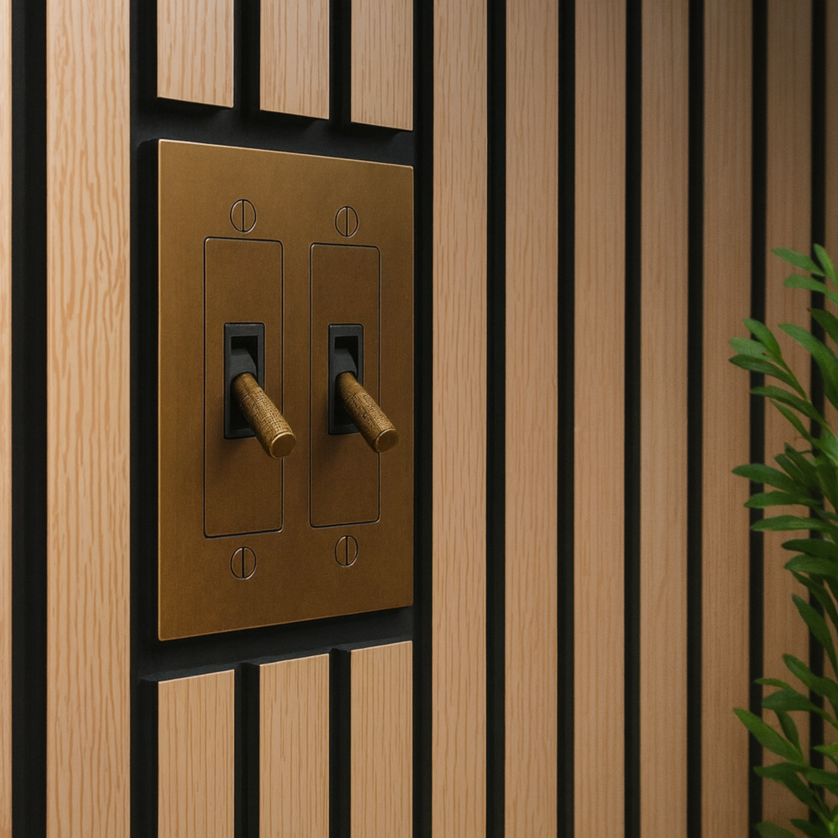 Verge brass toggle from Love Hohm on a wooden wall with vertical slats